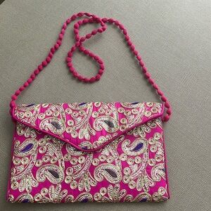 Pink Embellished Gold Brocade and Sequins Envelope Clutch